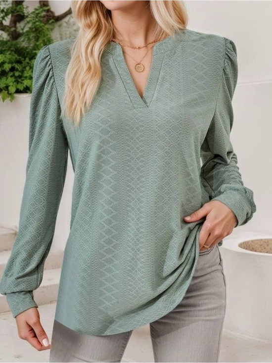 The Unbranded Brand Tops - Sage Green Textured Blouse Medium Jacquard Long Sleeve Minimalist Boho Top